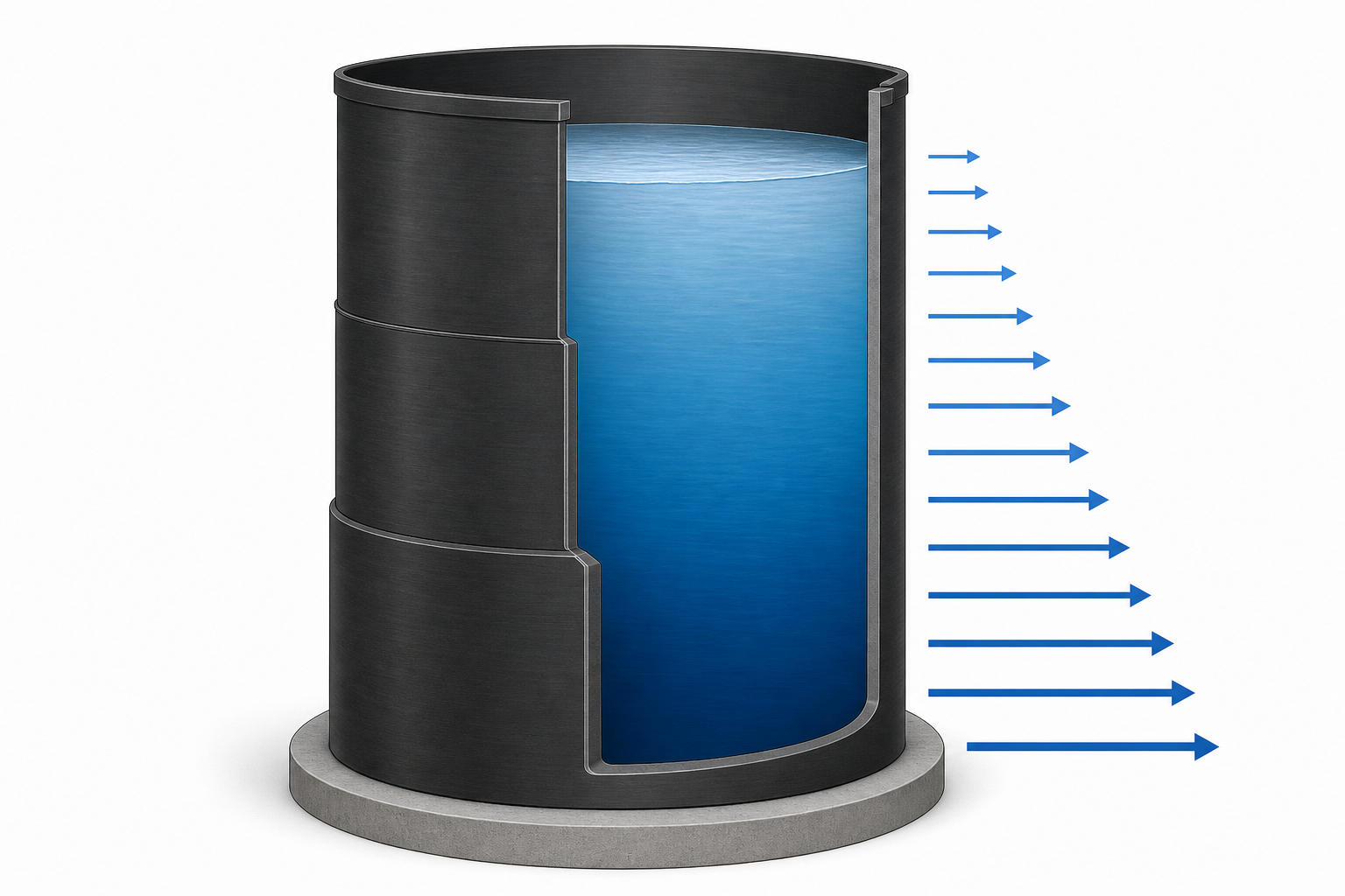 Hydrostatic pressure increases toward the bottom of a cylindrical HDPE tank