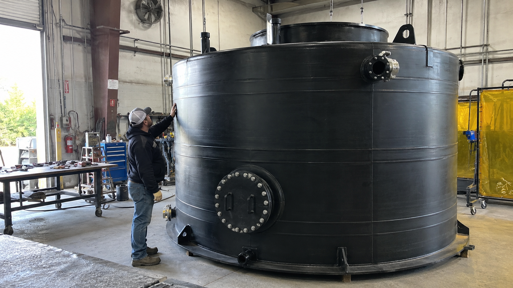 Large welded HDPE chemical tank fabricated from black polyethylene sheet