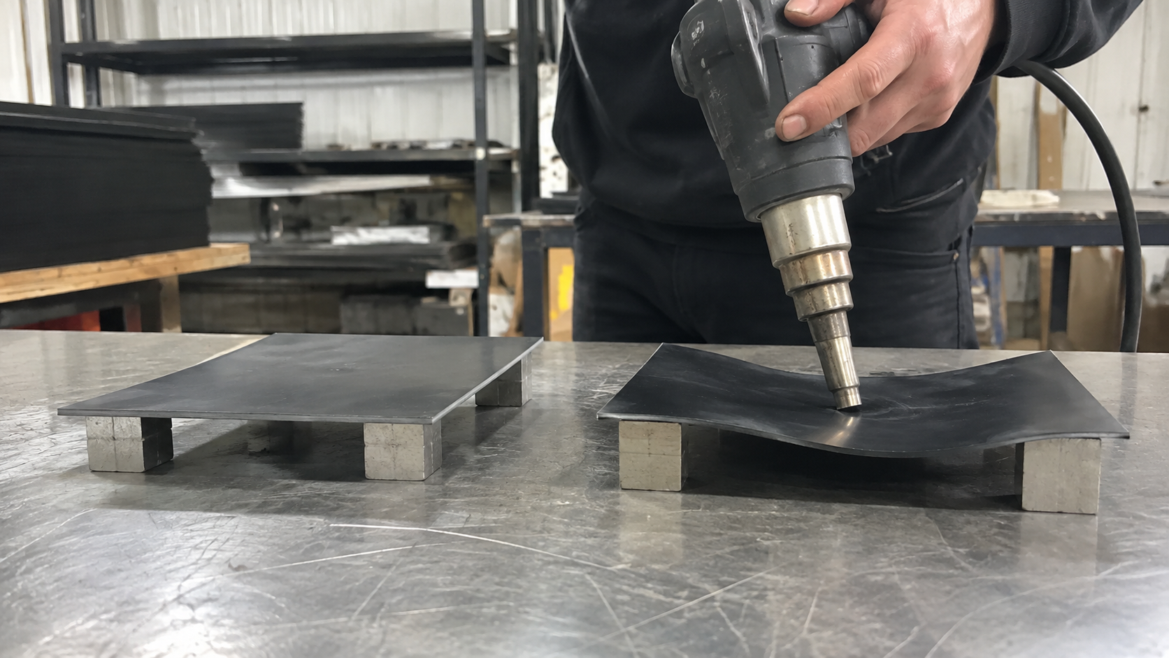 Comparison of HDPE sheets showing different softening and melt flow behavior under heat
