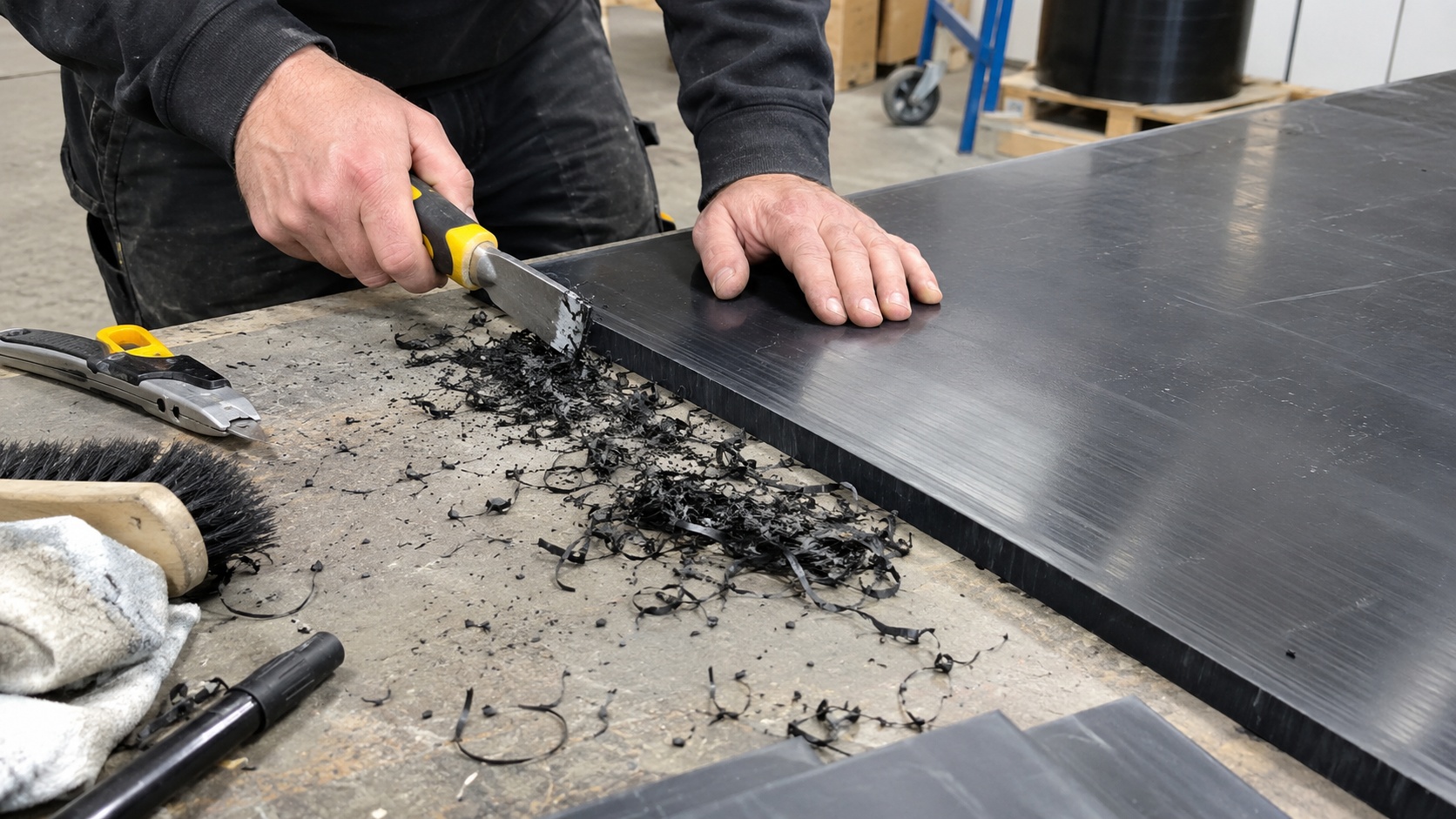 HDPE sheet surface preparation before plastic welding by scraping the joint area