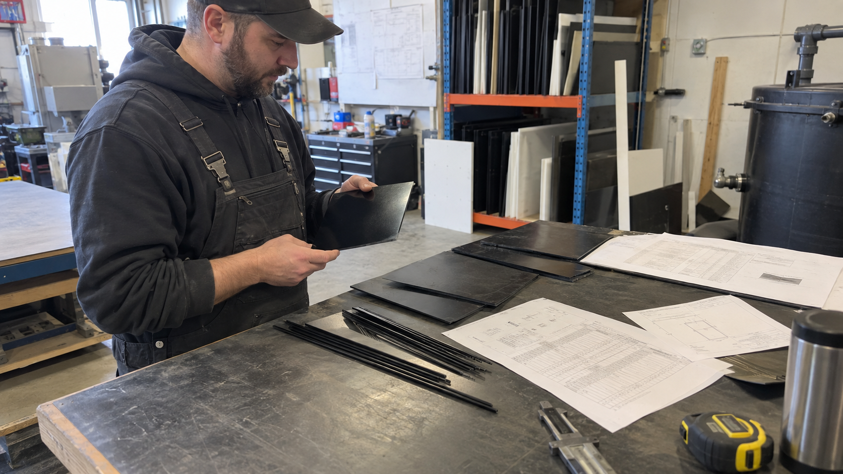 Technician comparing HDPE sheet samples PE welding rods and material specifications